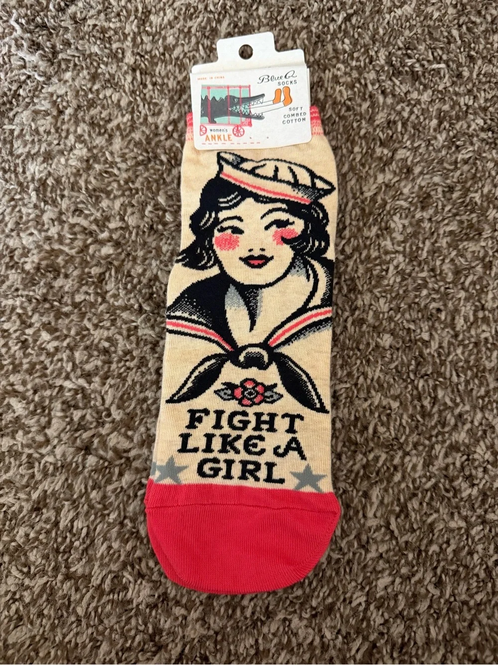 Blue Q Beige Ankle Socks with Red Toe - 'Fight Like a Girl' Sailor Graphic